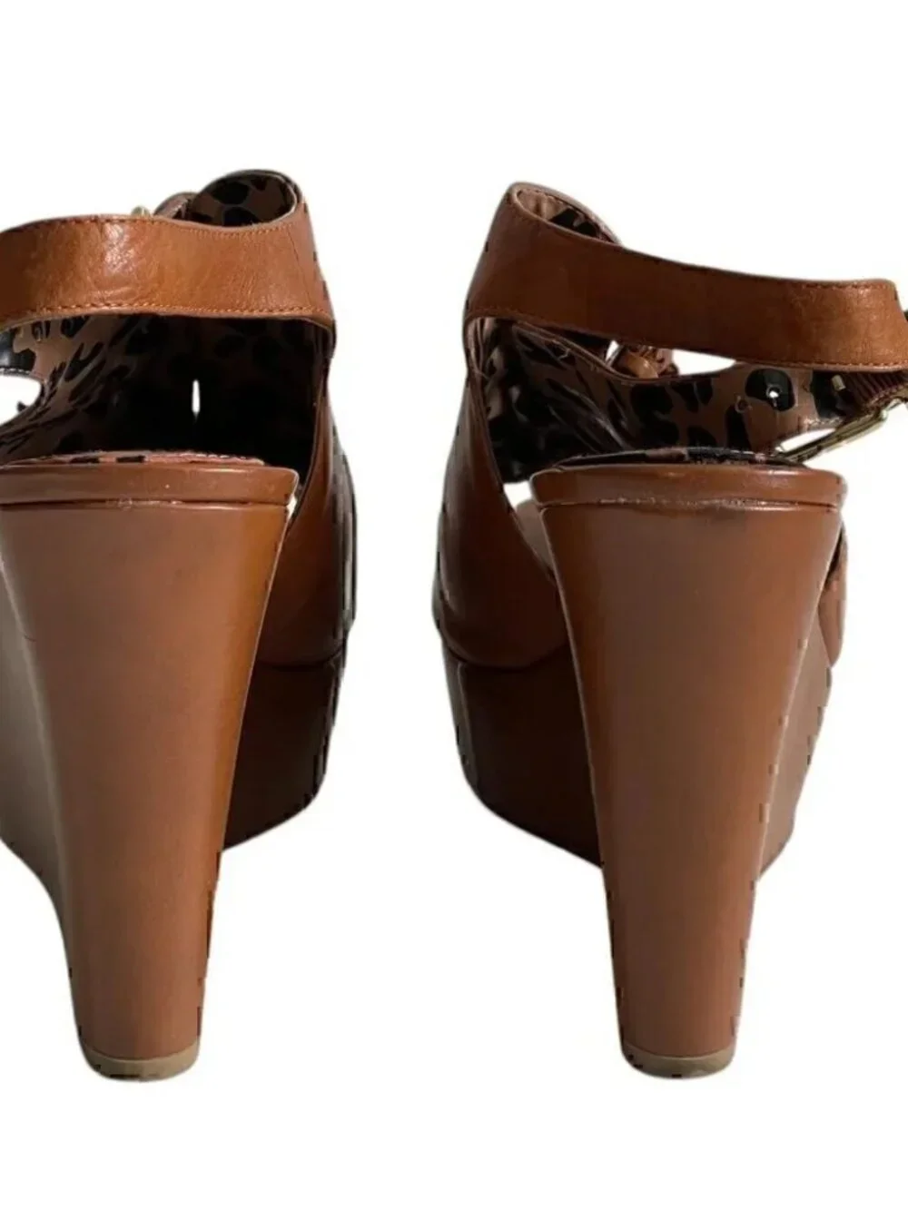 Jessica Simpson Brown Leather Buckle Wedge Platform Sandals | Size 7.5